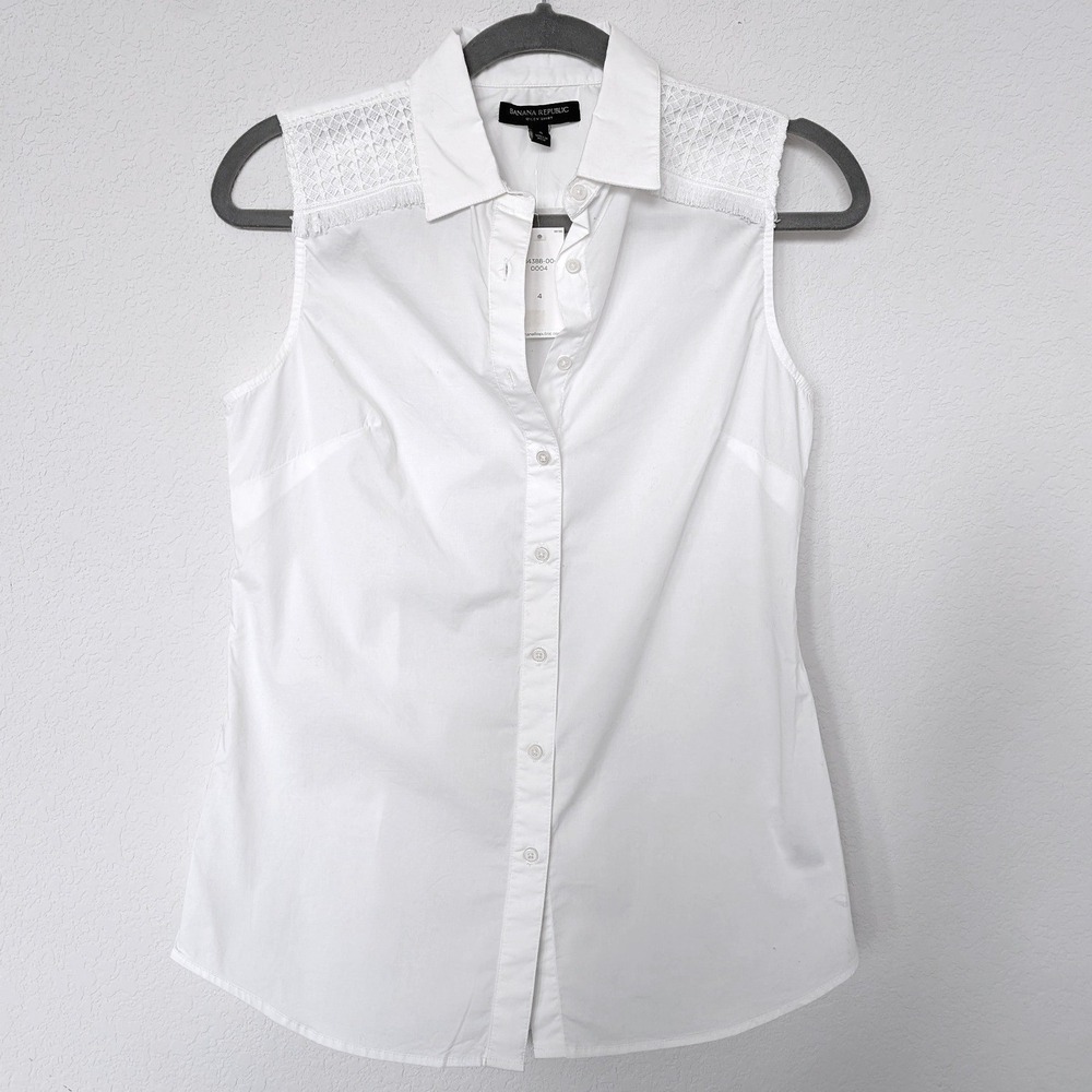 Banana Republic Riley Shirt Blouse Womens 4 White Sleeveless Crochet Lace Fringe - Picture 3 of 7